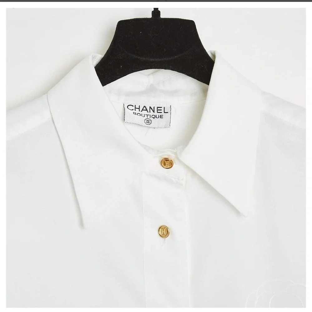 Chanel White Dress Shirt for with CHANEL Embroidery Sz S